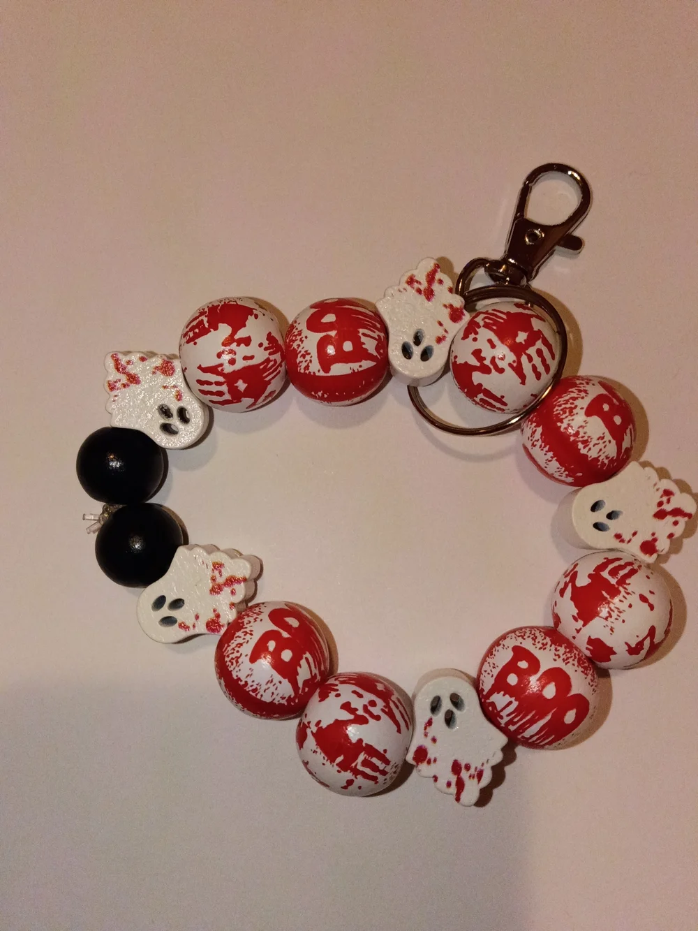 Women Ghost Bead Keychain Wristlet - Red & White